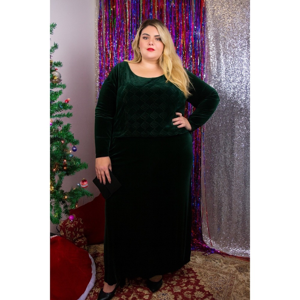 Gunne Sax Vintage Green Velvet Patterned Long Sleeve Evening‎ Gown- Size 20W